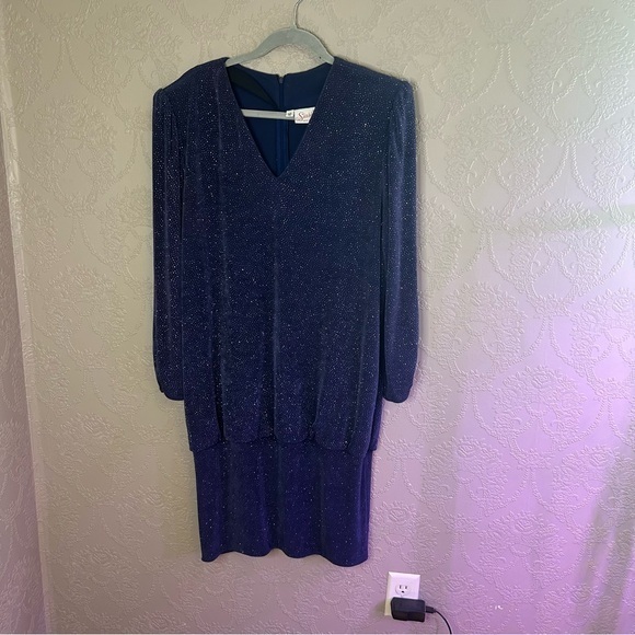 Elegant Blue V-Neck Dress Vintage Siasia New York 12 90’s Dress Sparkle